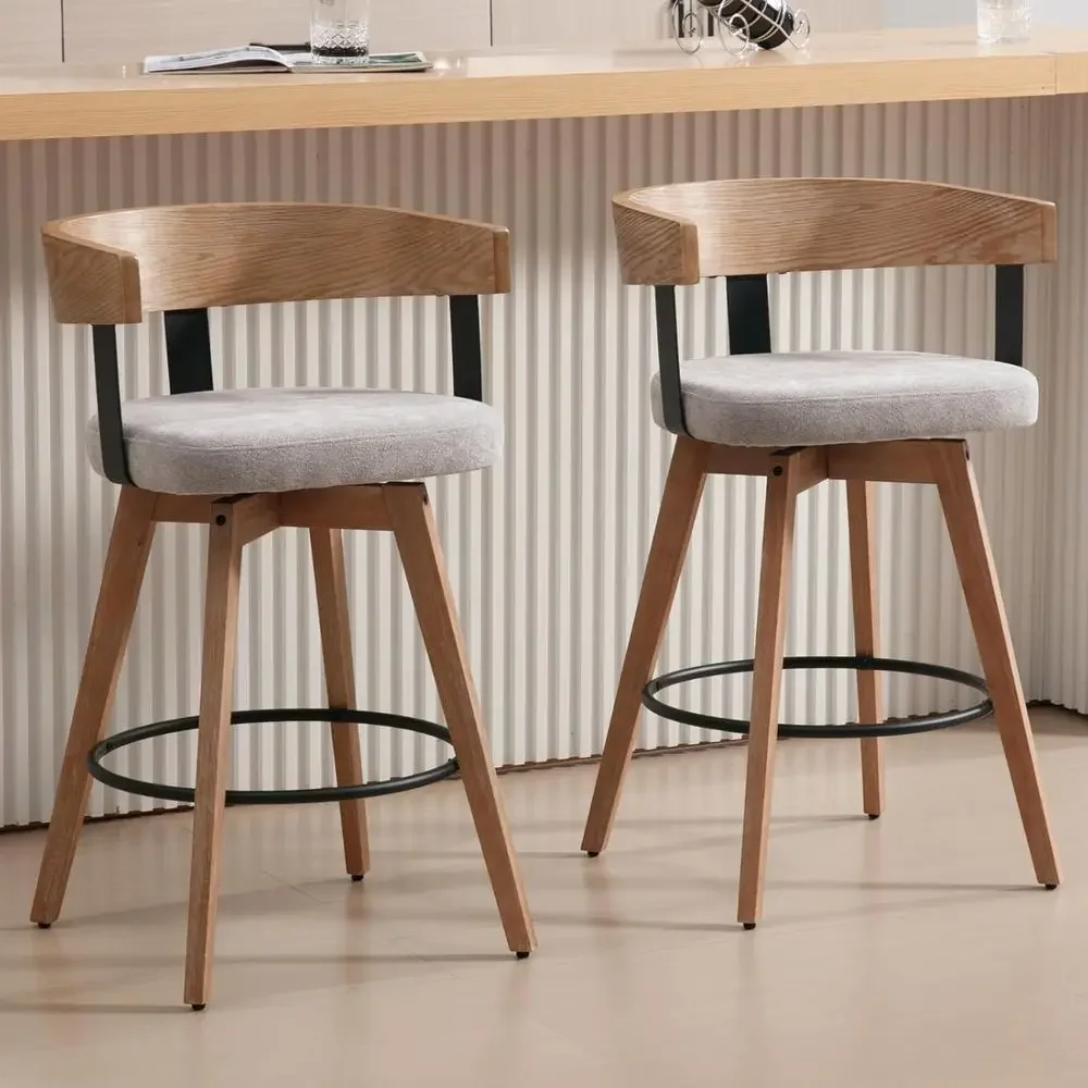 Home Bar Stools - 26グレーのリネン張りカウンターハイトバースツール2脚セット、木製背もたれ付き、キッチンアイランドまたはホームバー用