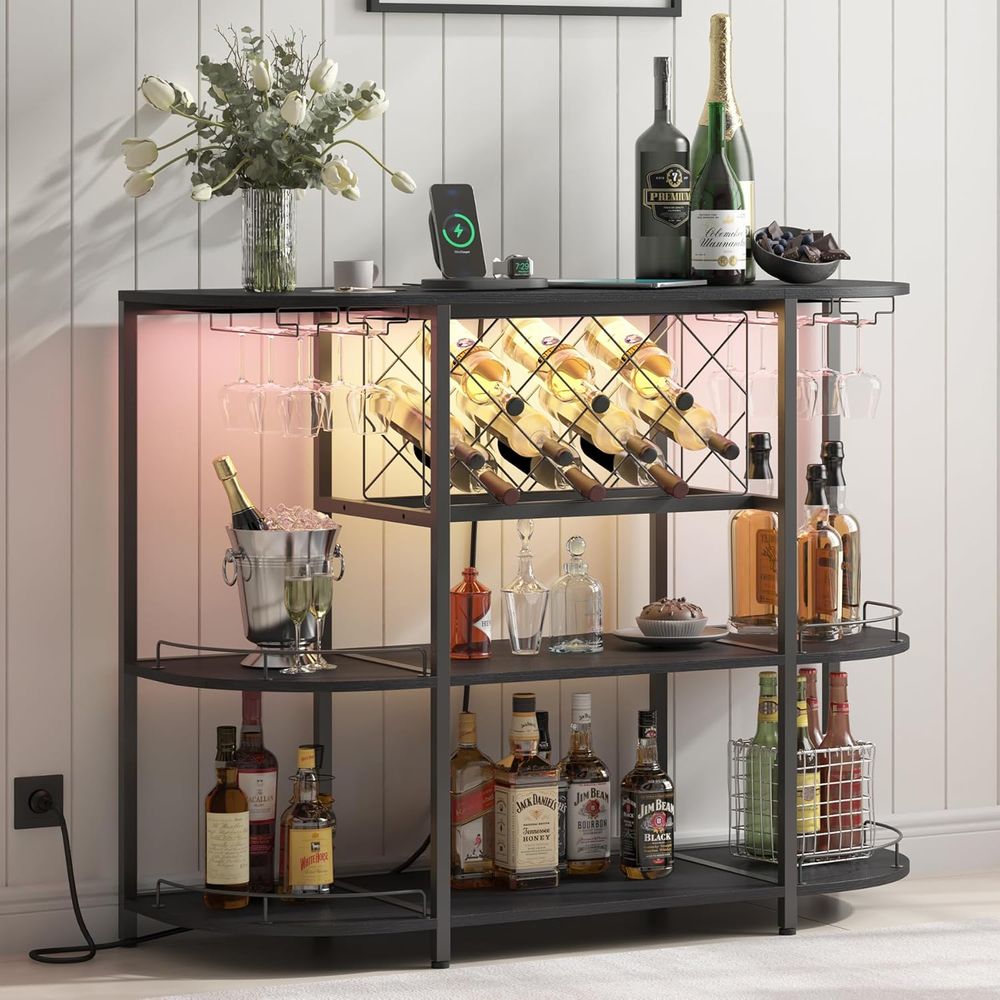 黒色の3段コーヒーテーブル、ワインラック、電源コンセント、L - Home Bar And Kitchen のレビューと価格
